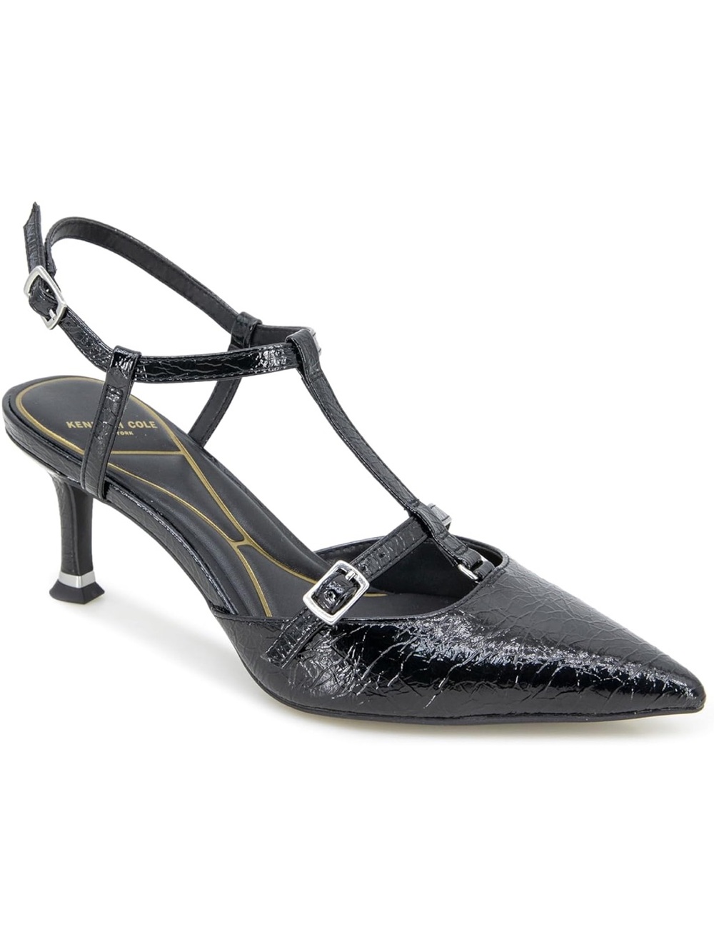 Kenneth Cole Black Patent T-Strap Pointed Slingback Heel